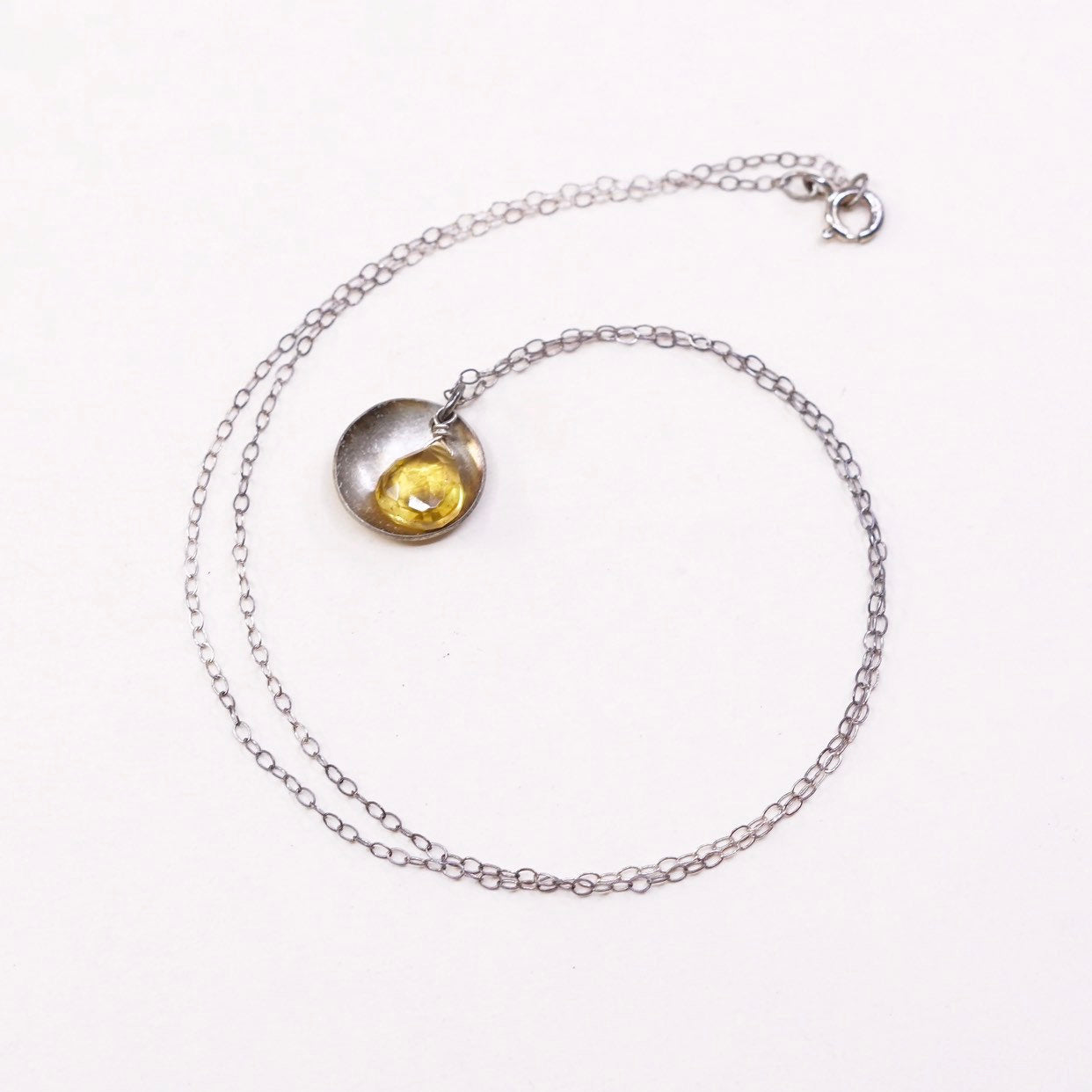18", VTG Sterling silver handmade necklace, 925 circle chain w/ cushion citrine
