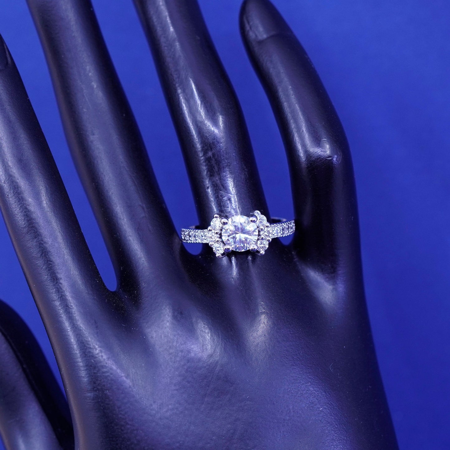 Size 9.25, vintage Sterling 925 silver engagement ring with clear cz stones
