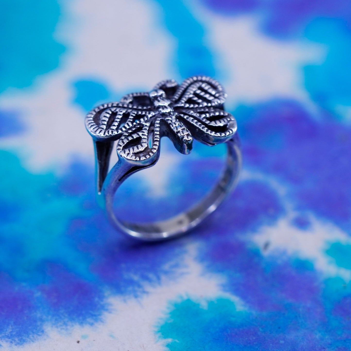 Size 7, vintage sterling silver handmade ring, 925 filigree butterfly band