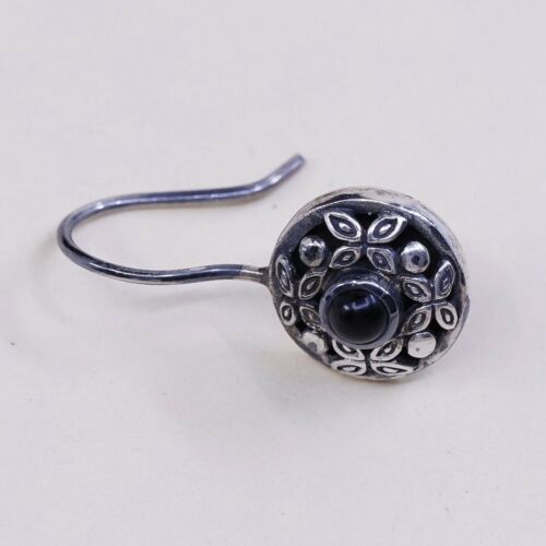 Vtg ATI Sterling Silver Handmade Earrings, 925 Circle W/ Obsidian N Bali
