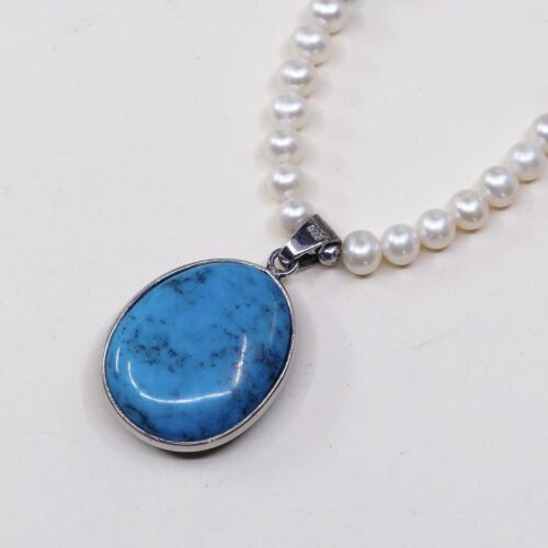 16”+2”, Vtg Sterling 925 silver handmade necklace W/ Pearl N Turquoise Pendant