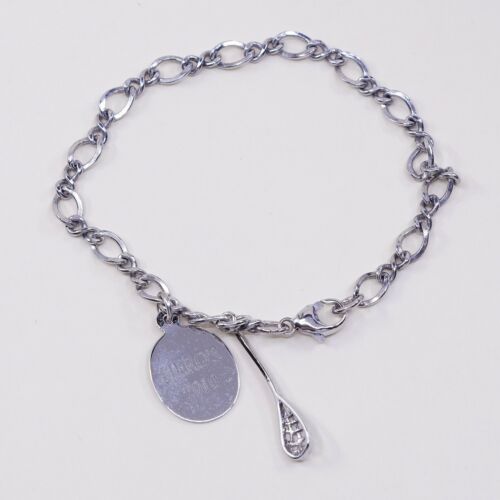 7”, 5mm, vtg Sterling Silver Bracelet, Italy 925 Figaro Chain W/ Tennis Racket