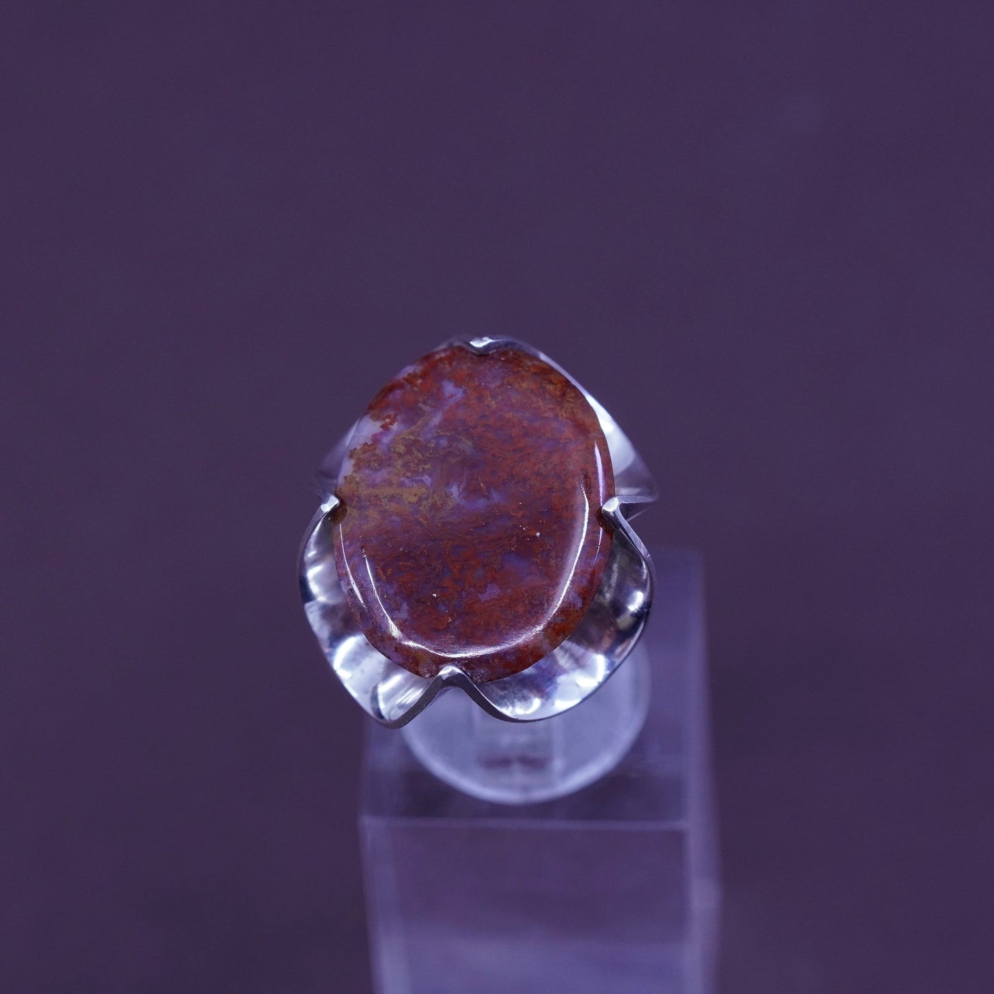 Size 3.5, Sterling 925 silver handmade flower crown ring with dendritic agate