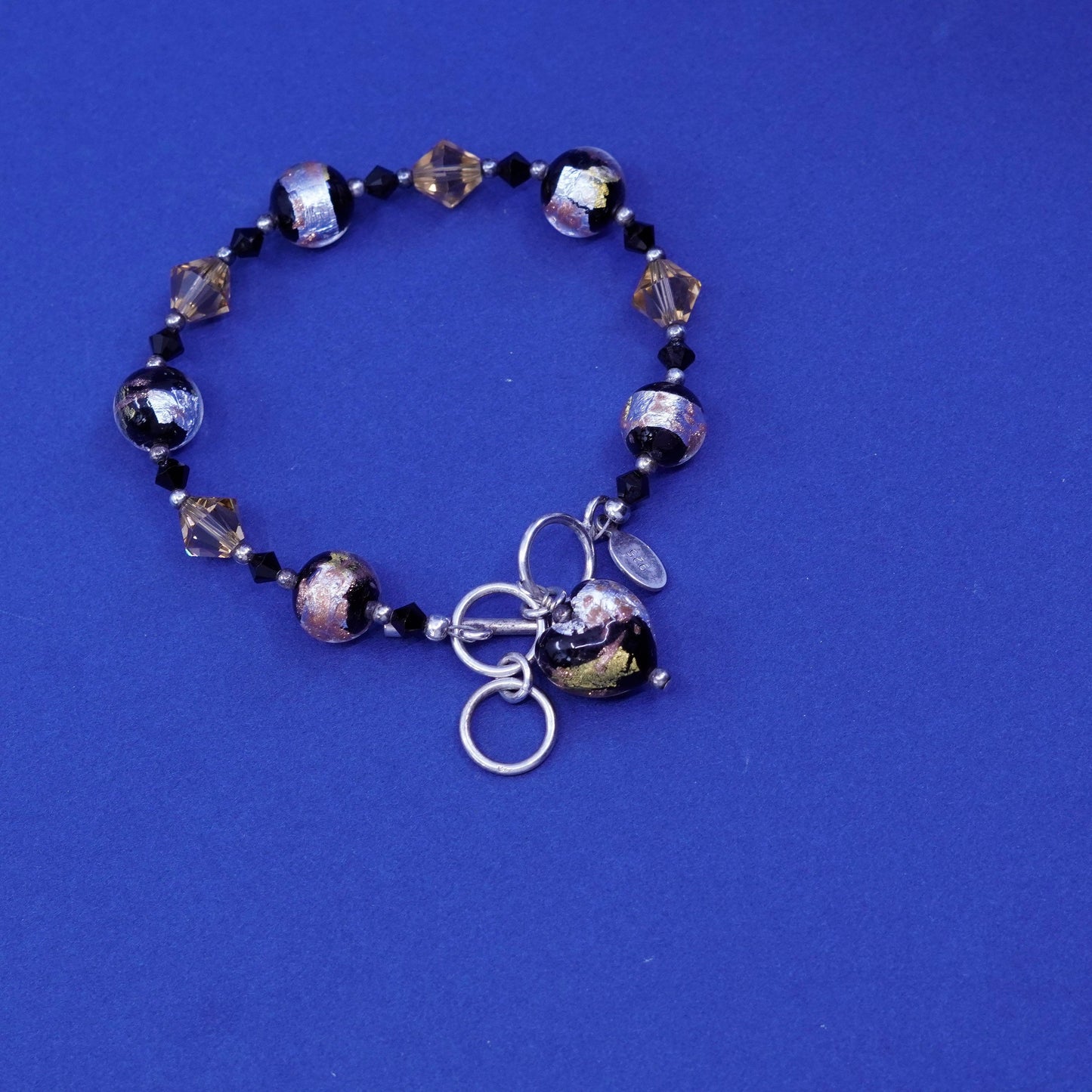 7+1”, lucky clover sterling 925 silver bracelet foiled glass beads heart charm