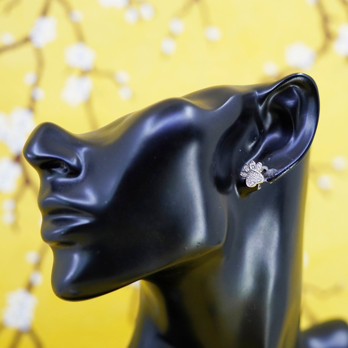 Vintage Sterling silver studs, puppy dog cat kitty paw earrings with cluster cz