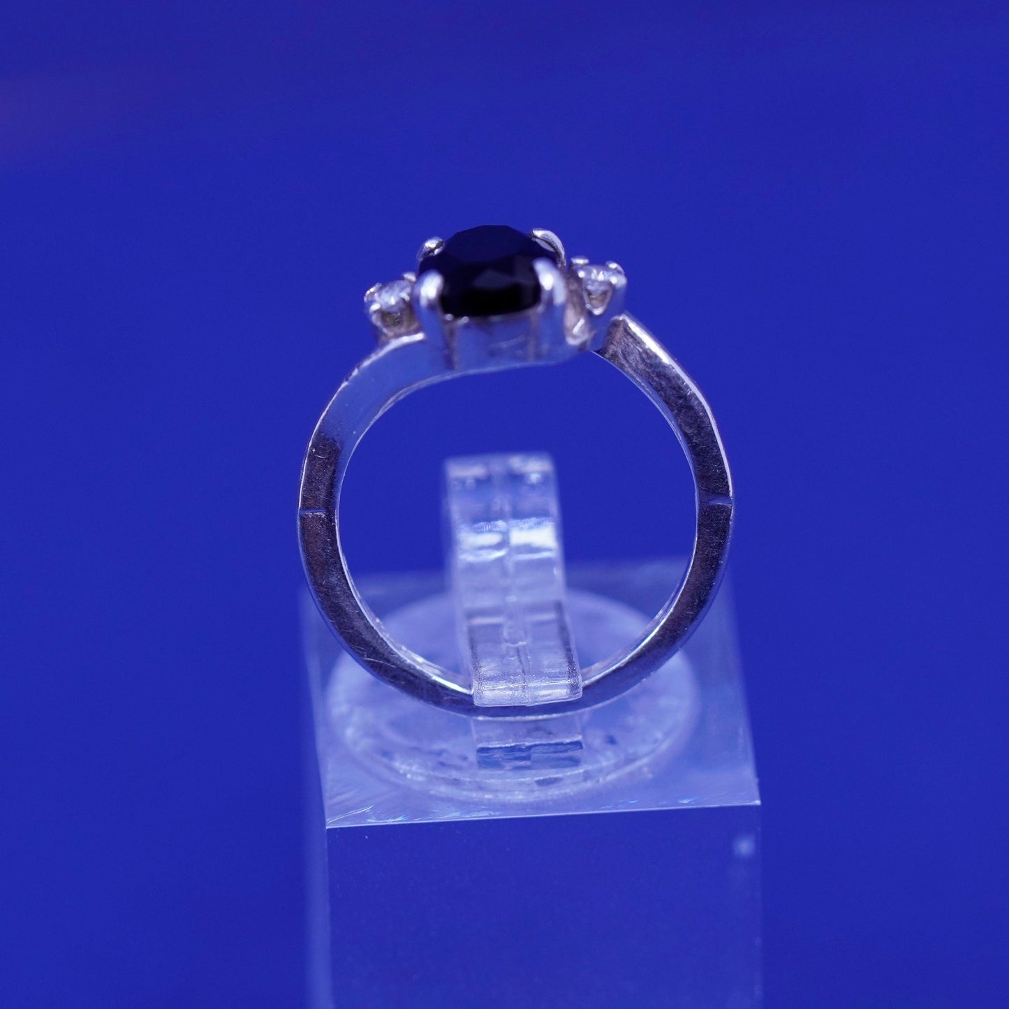 Size 4.75, vintage Sterling 925 silver handmade ring with sapphire and cz