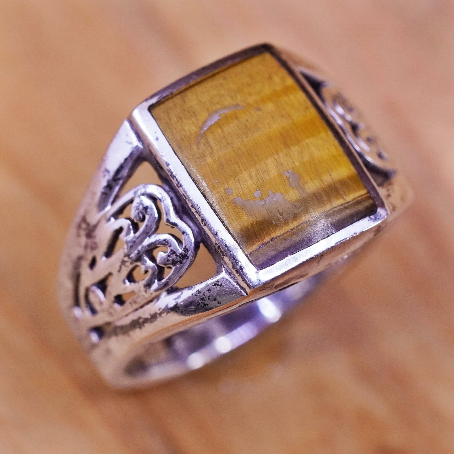 Size 7, vintage Sterling 925 silver handmade ring with square golden tiger eye