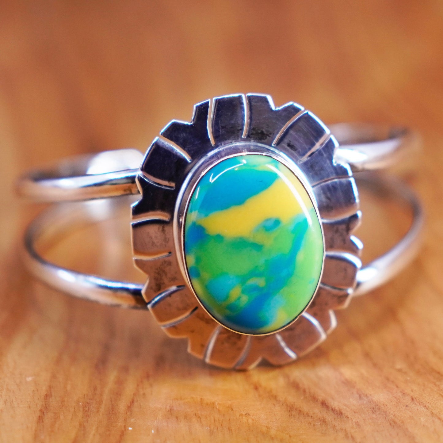 6.5”, antique sterling silver handmade bracelet, 925 cuff aqua blue rain flower