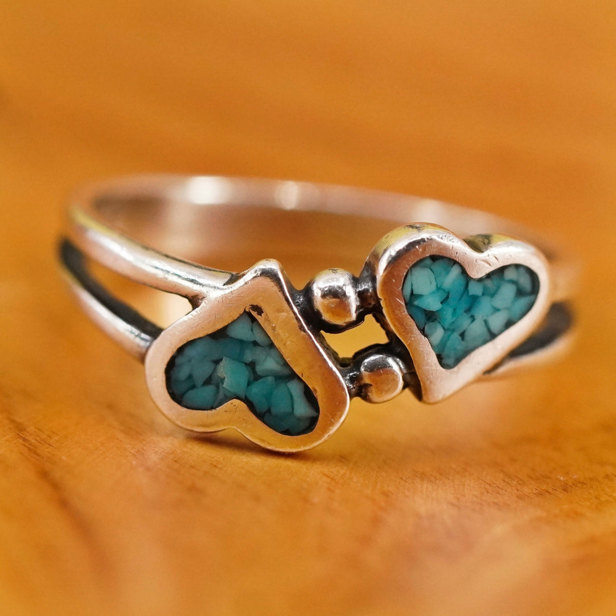 Size 6, vintage Sterling silver handmade ring, mexico 925 heart band turquoise