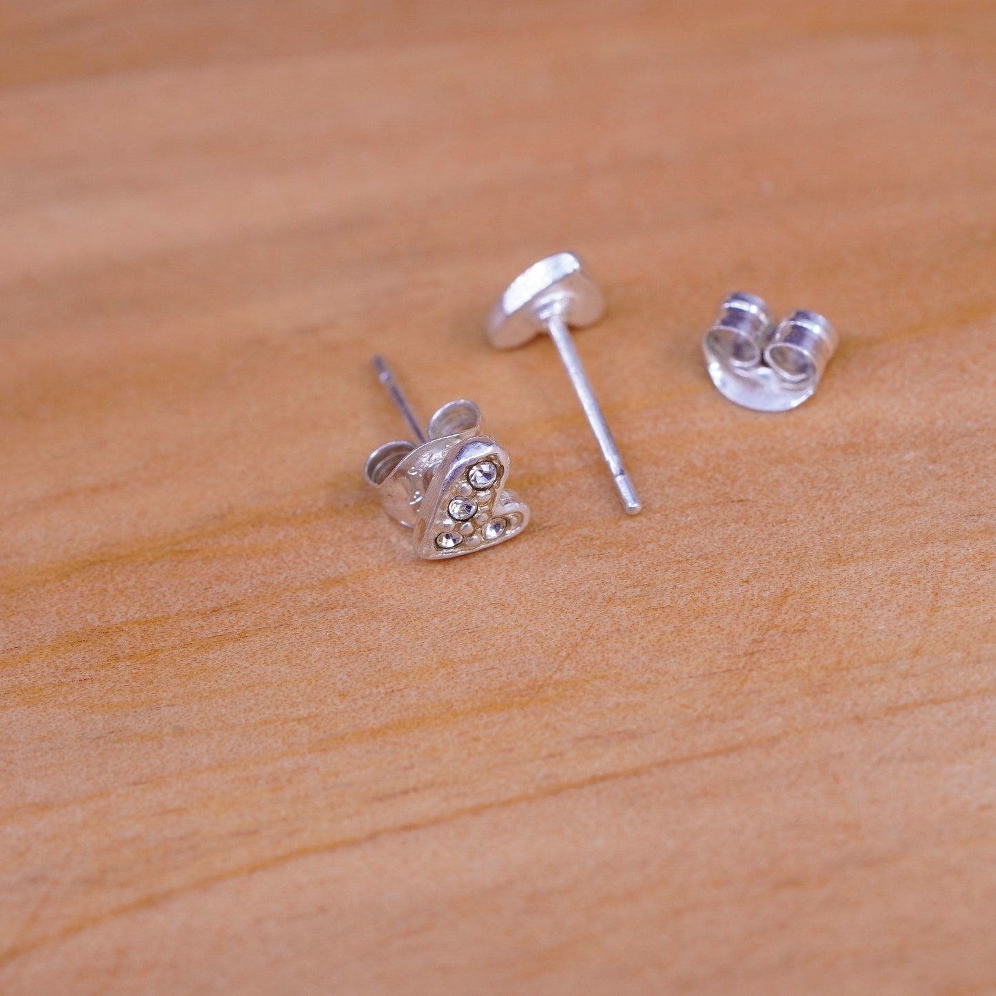 Vintage Sterling silver handmade earrings, 925 heart studs with cz