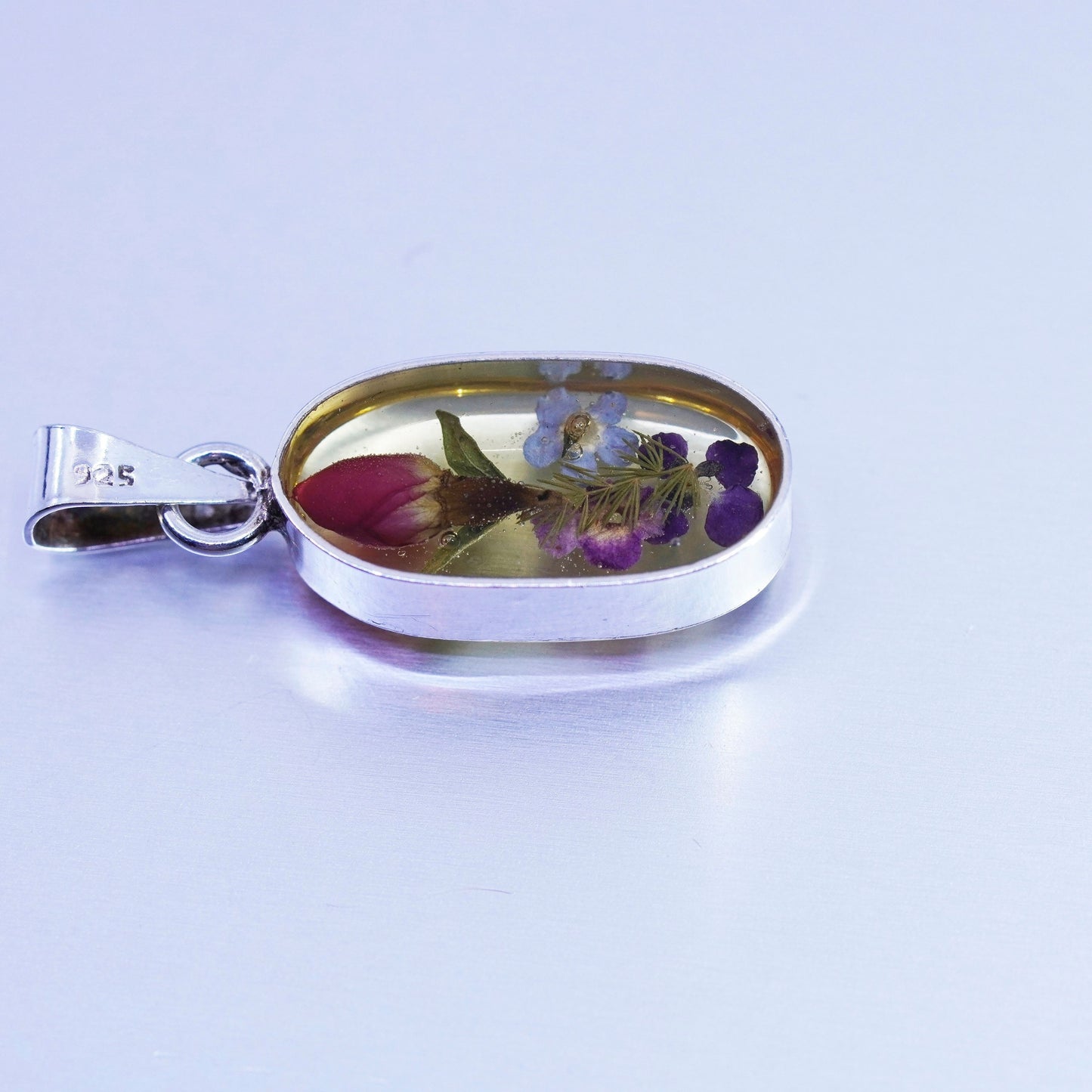 antique sterling 925 silver resin pendant with red resin flower