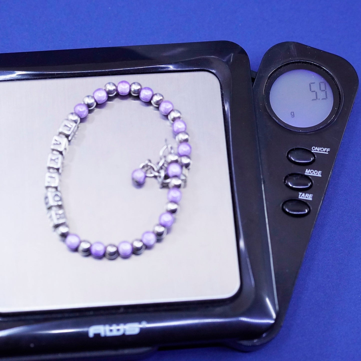 6.5”, Sterling silver handmade name “Taylor” cube bracelet purple crystal beads