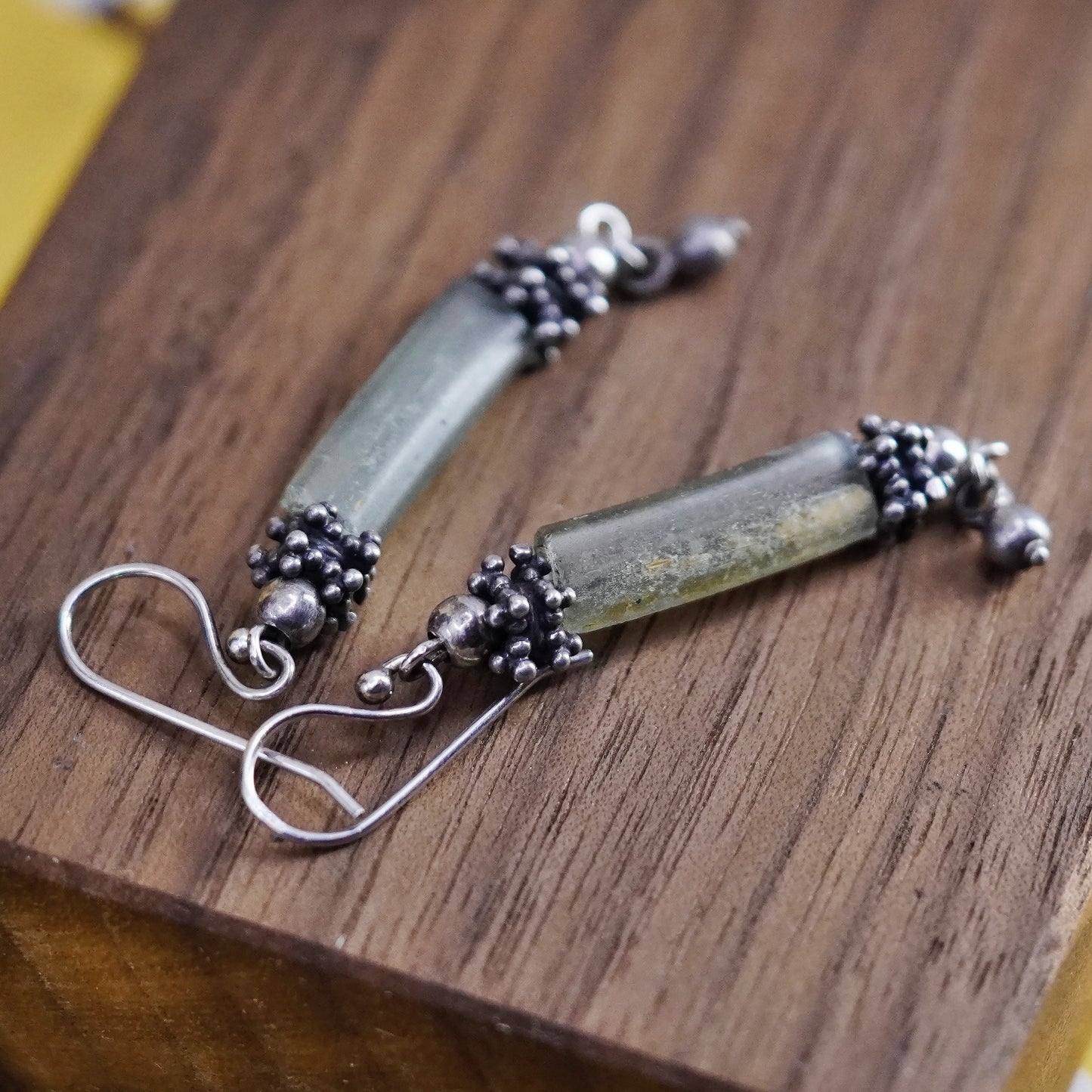 Vintage Sterling 925 silver handmade earrings with long Roman glass and beads