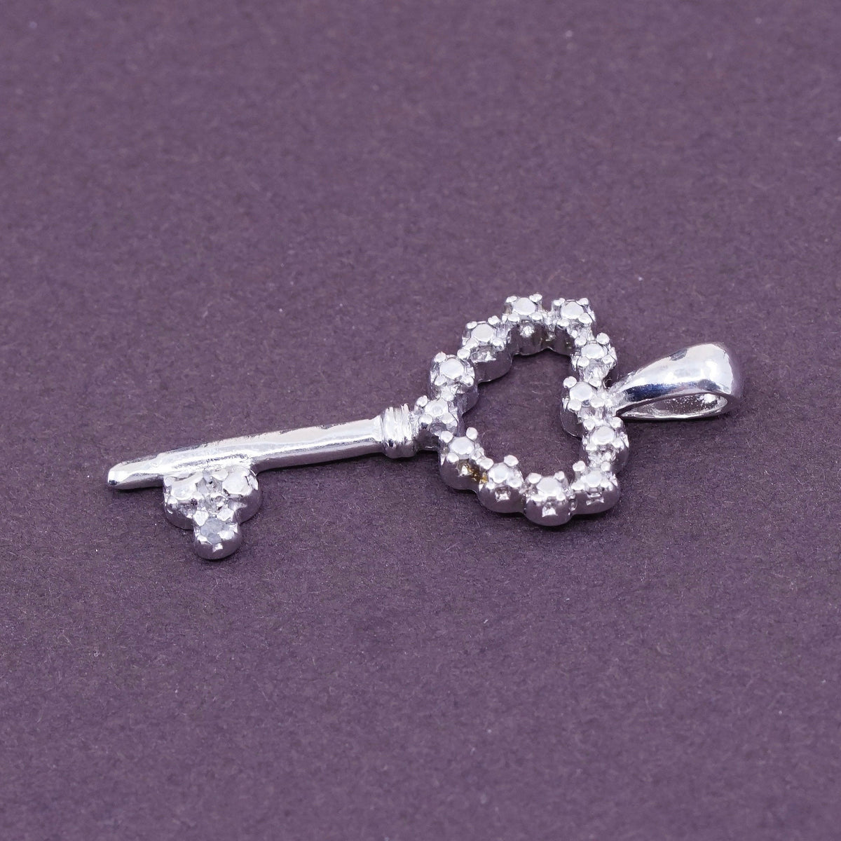 Vintage Sterling silver handmade pendant, solid 925 silver key with Cz