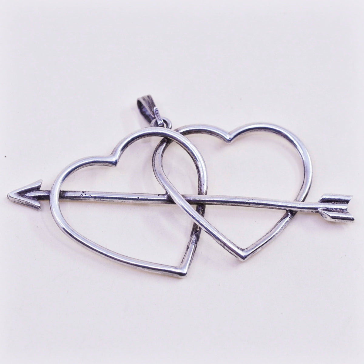 Vintage sterling silver handmade pendant, 925 double heart with arrow