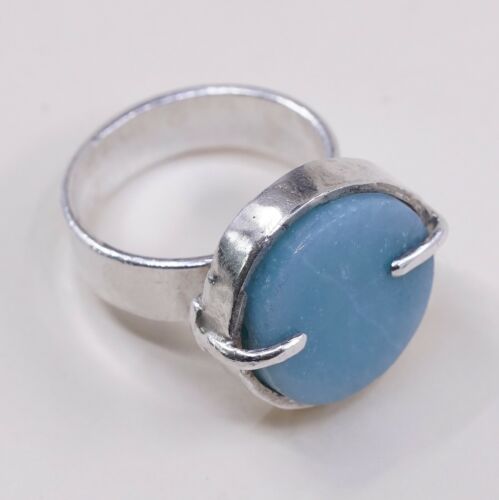 Sz 8, Vtg Sterling Silver Handmade Ring, 925 Silver Ring W/ Round Larimar