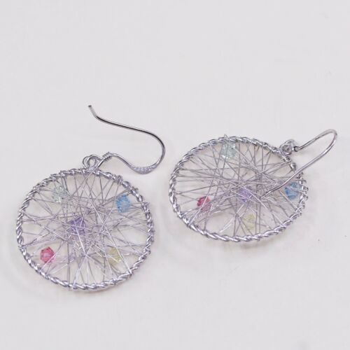 Vtg Handmade Wired 925 Sterling Silver Dangle Earrings W/ Crystal Details