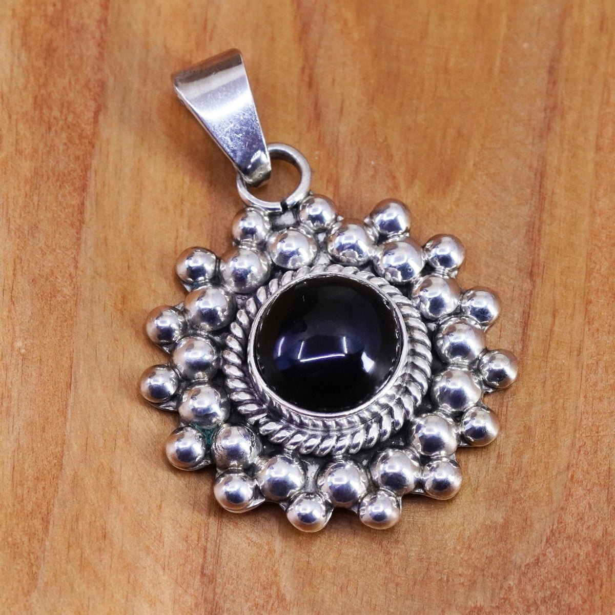 Vintage Sterling silver handmade pendant, Mexico 925 sun with onyx and beads