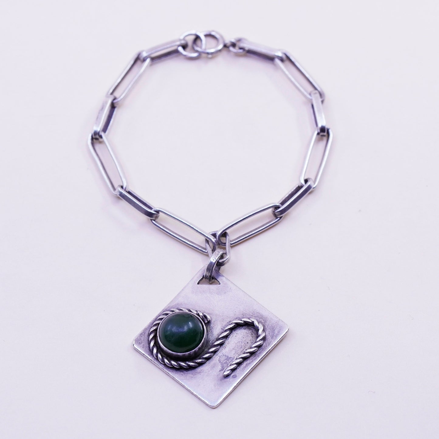 6.25”, vtg sterling silver Handmade elongated chain bracelet square charm jade