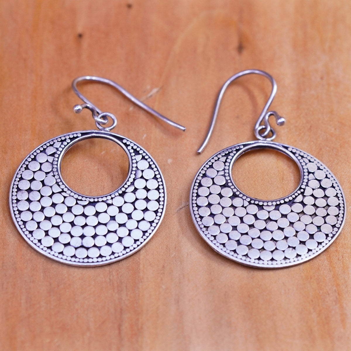 Vintage Sterling silver handmade earrings, 925 bead textured disc