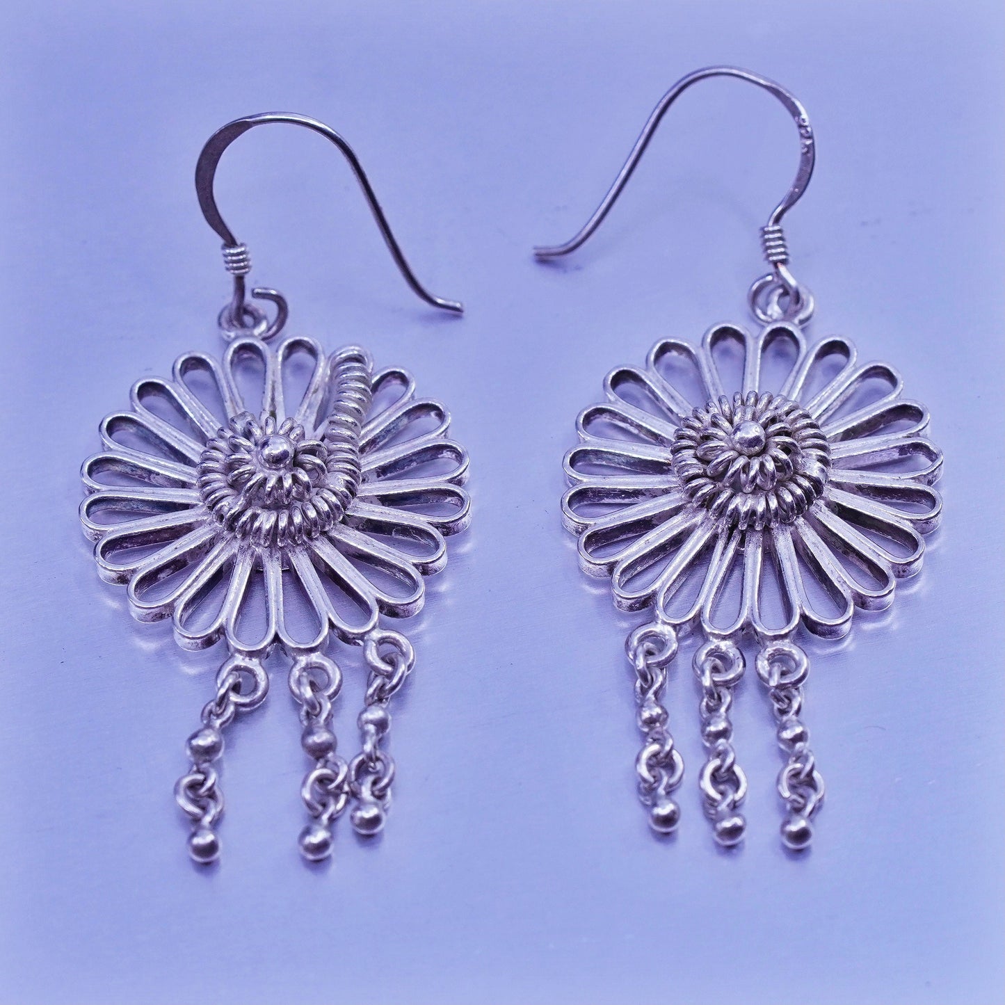 Vintage Sterling 925 silver handmade filigree flower earrings, stamped 925