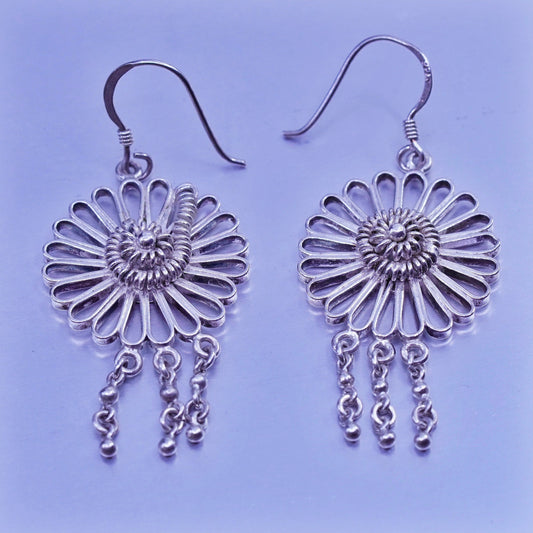 Vintage Sterling 925 silver handmade filigree flower earrings, stamped 925