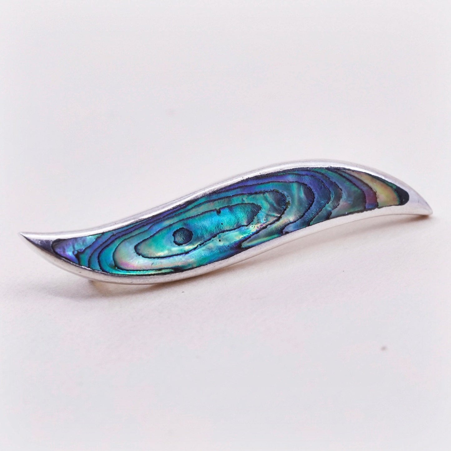 Vintage sterling 925 silver handmade pendant, simple one stroke with abalone