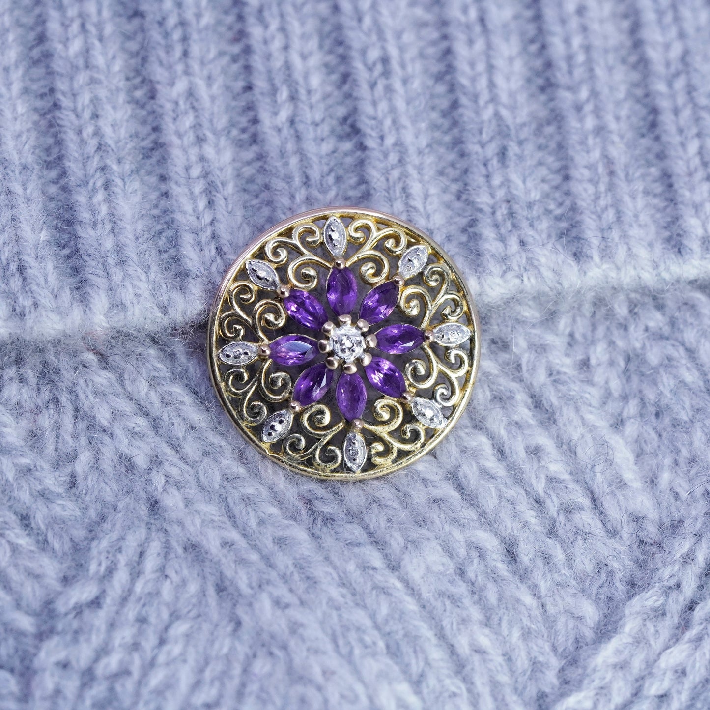 antique PAJ vermeil gold sterling 925 silver flower pendant amethyst diamond