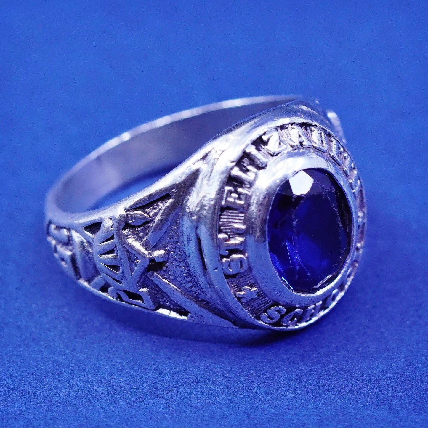 Size 9.5, vintage 1974 sterling 925 silver handmade ring w/ blue topaz and name