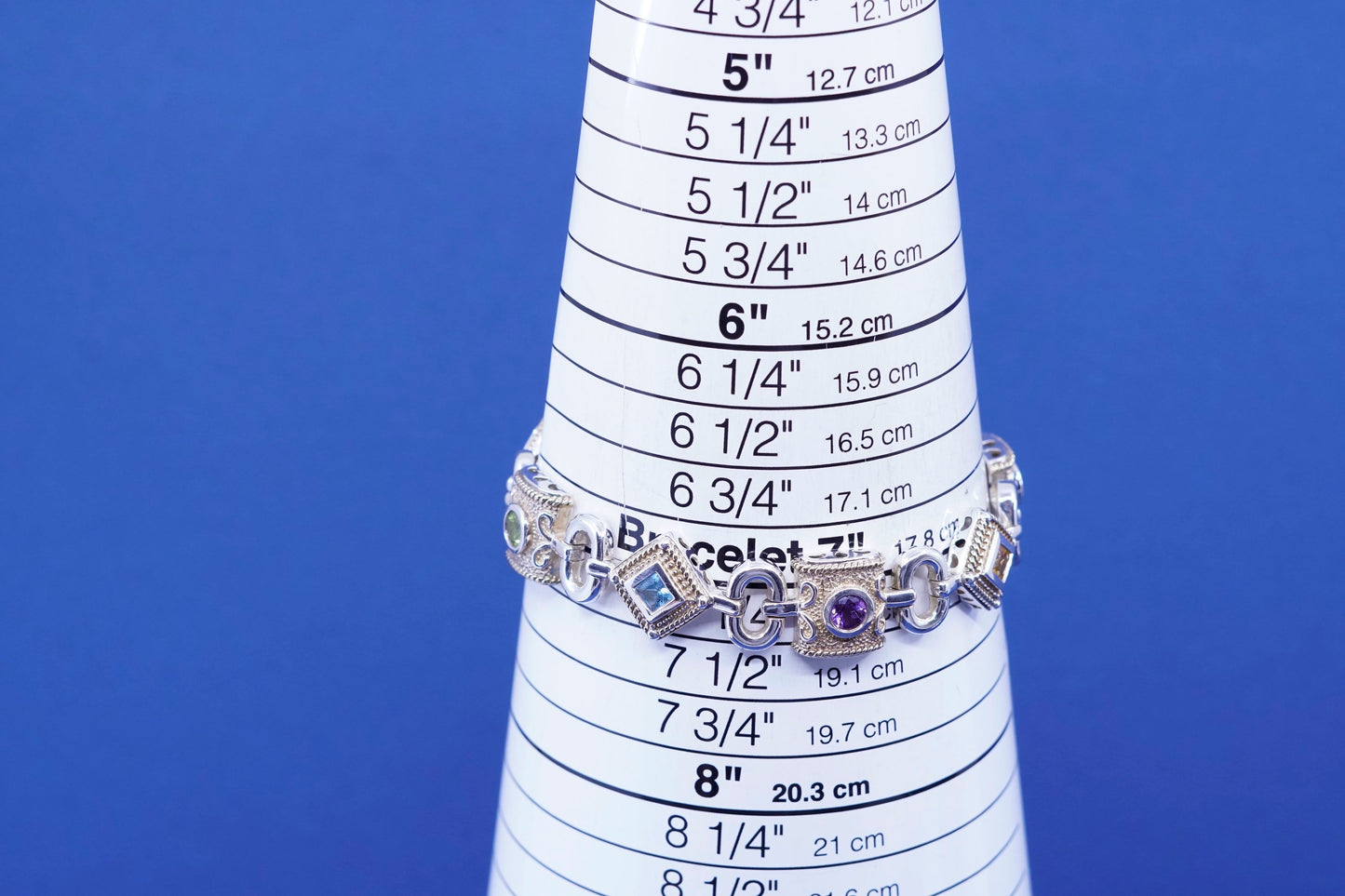 7”, Sterling 925 silver tennis bracelet w/ amethyst, peridot ruby citrine topaz