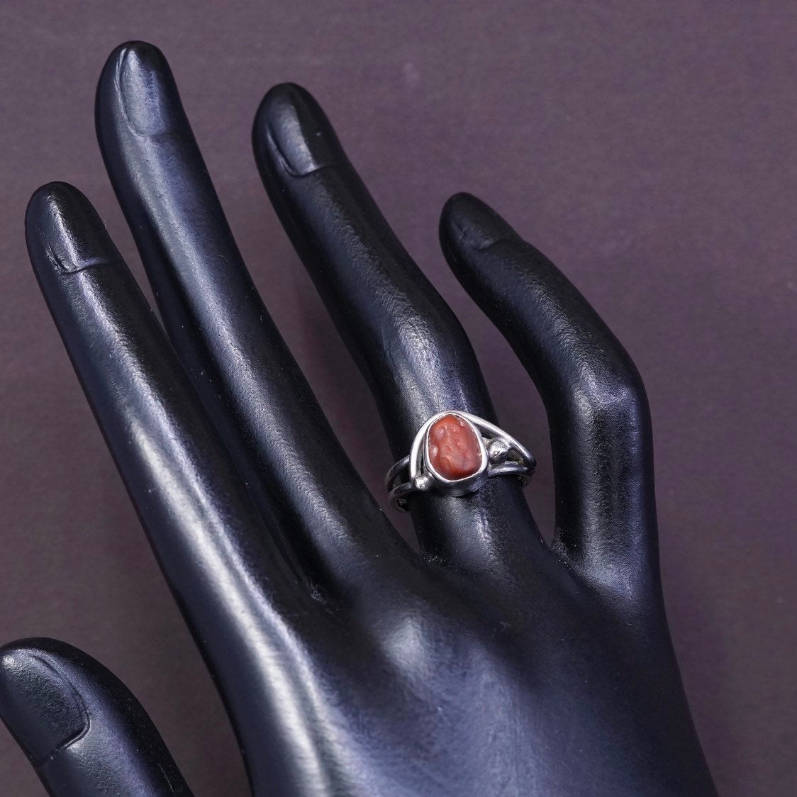 sz 5.5, Sterling silver handmade ring w/ red coral, Native American, 925 band