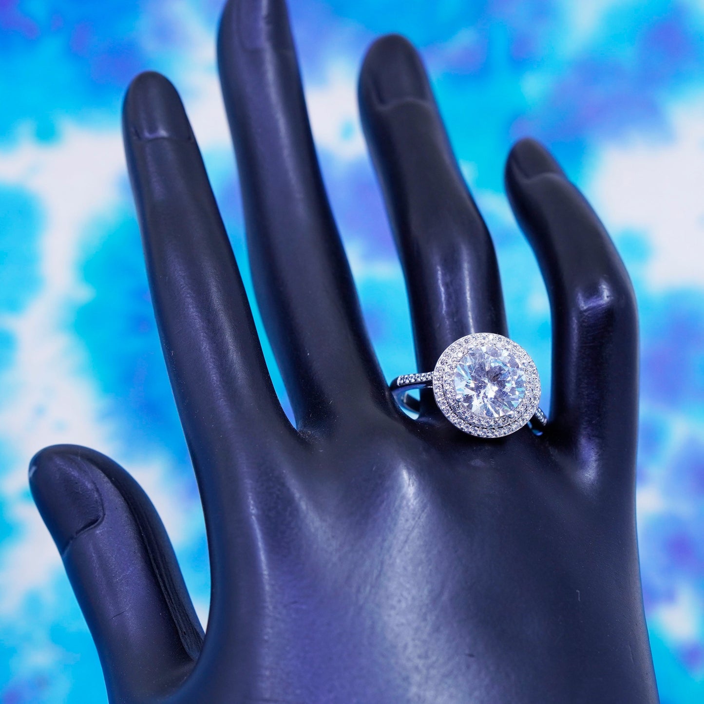Size 9.25, vintage Sterling 925 silver engagement ring with cluster Cz around