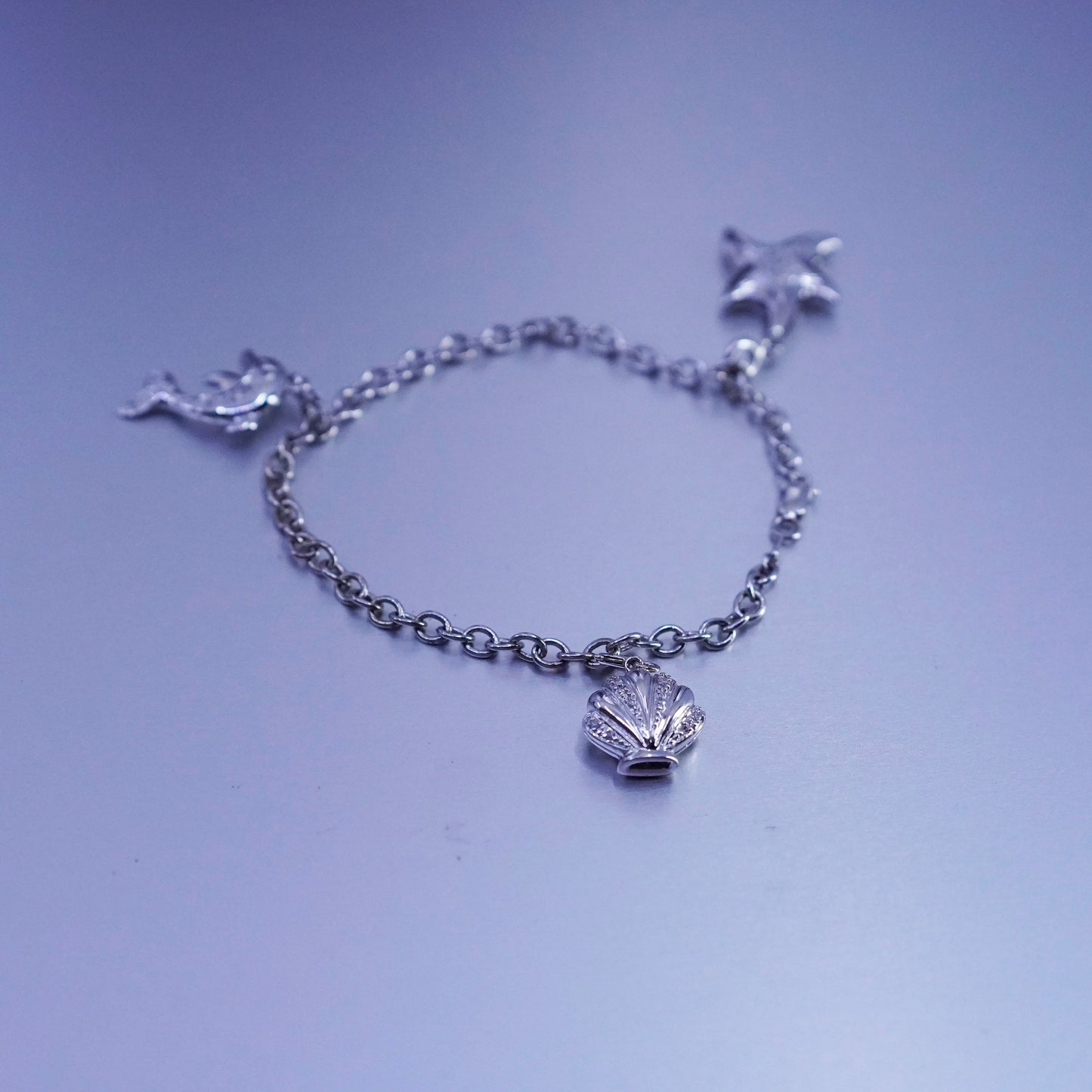 7”, Sterling 925 silver bracelet, circle chain starfish shell dolphin charms