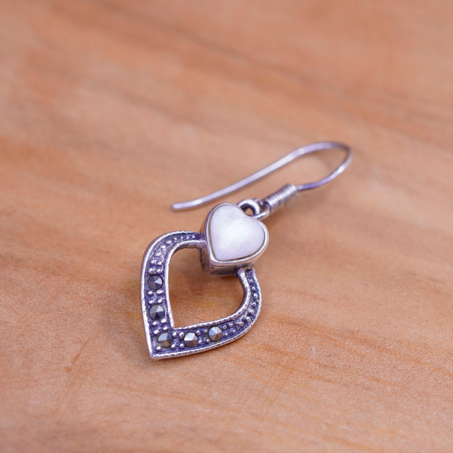Sterling 925 silver handmade earrings with heart mother of pearl Marcasite