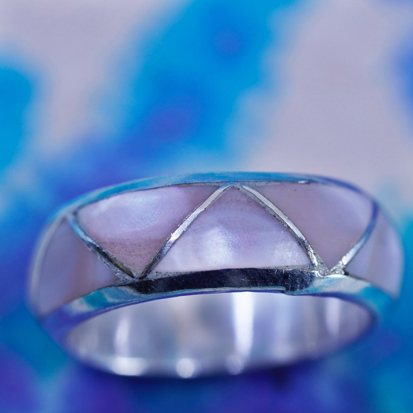 Size 5, vtg Sterling silver handmade swirl ring, 925 band pink mother of pearl