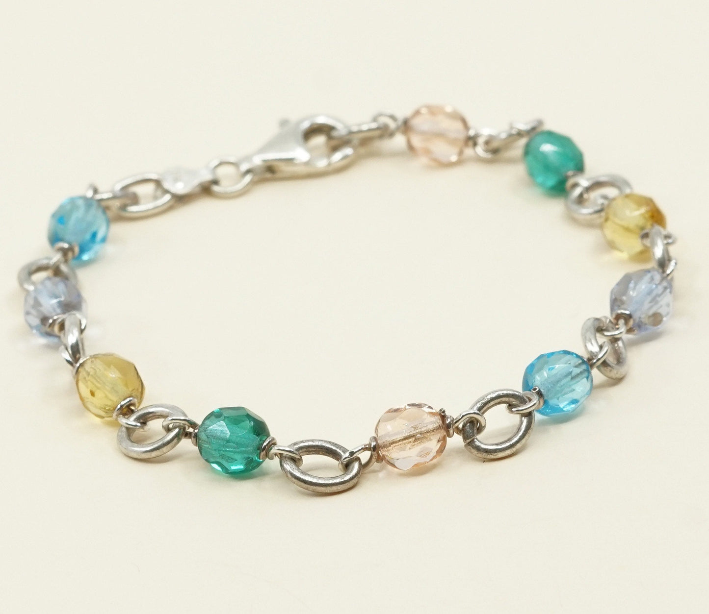 7.25", VTG Sterling silver handmade bracelet, 925 beads w/ colorful crystal