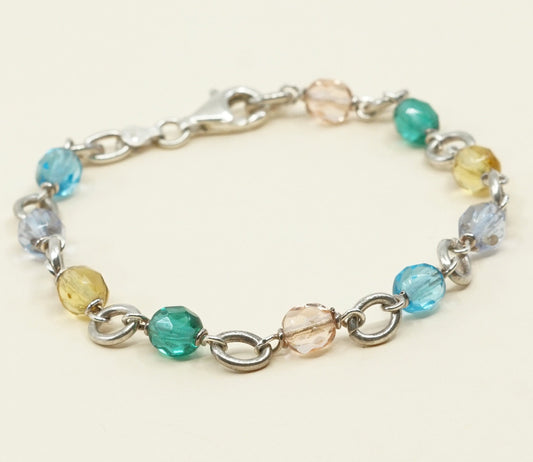 7.25", VTG Sterling silver handmade bracelet, 925 beads w/ colorful crystal