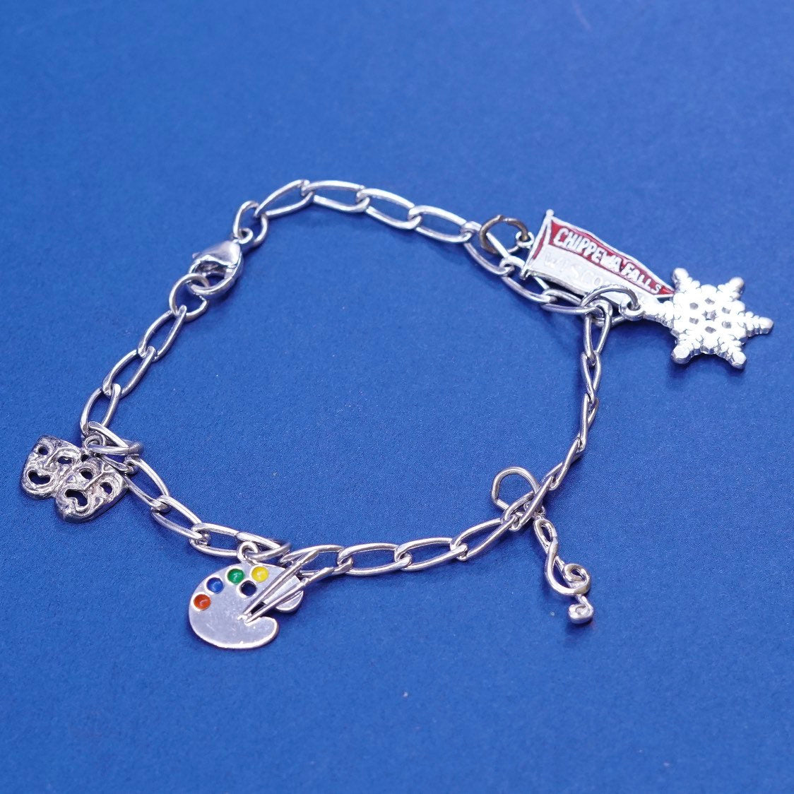 6.5", vtg Sterling silver handmade bracelet, 925 elongated chain w/ 5 charms