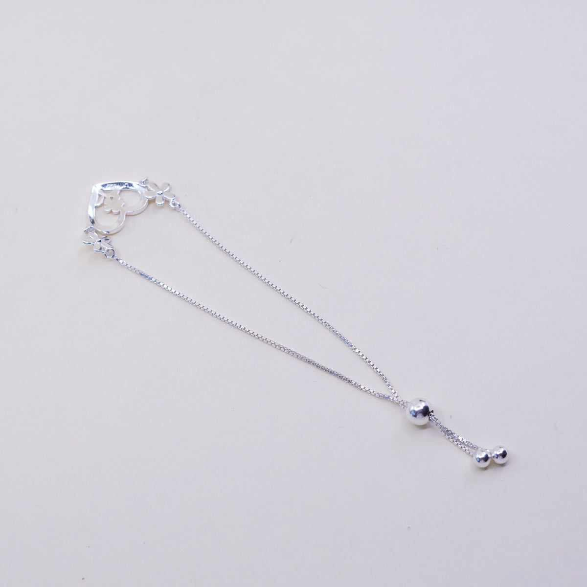 Size adjustable, sterling silver bracelet, fine 925 box chain w/ heart N flower