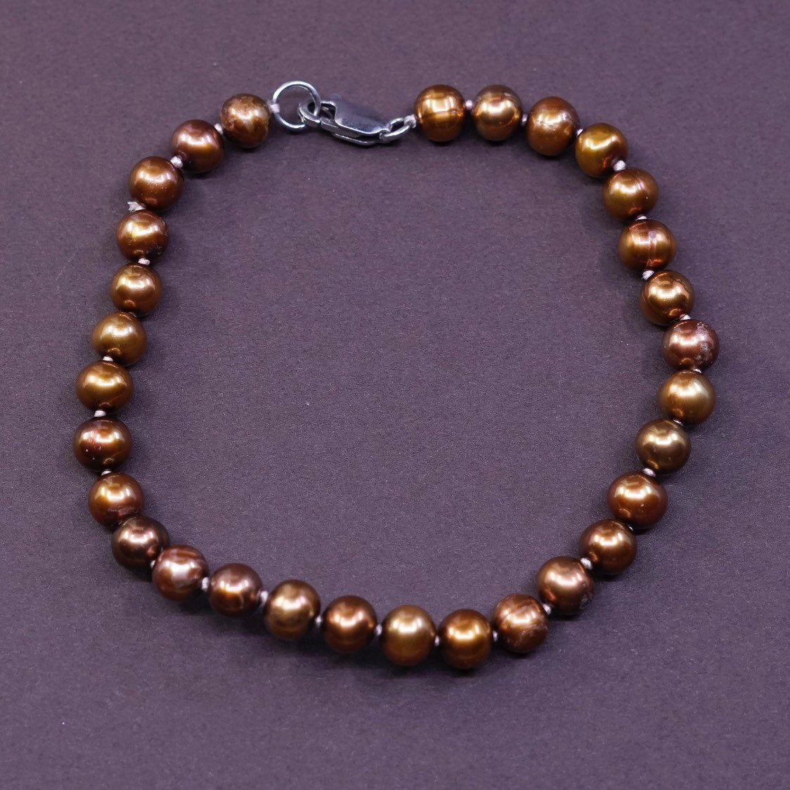 6.75”, vtg Sterling silver handmade bracelet, golden pearl chain w/ 925 clasp