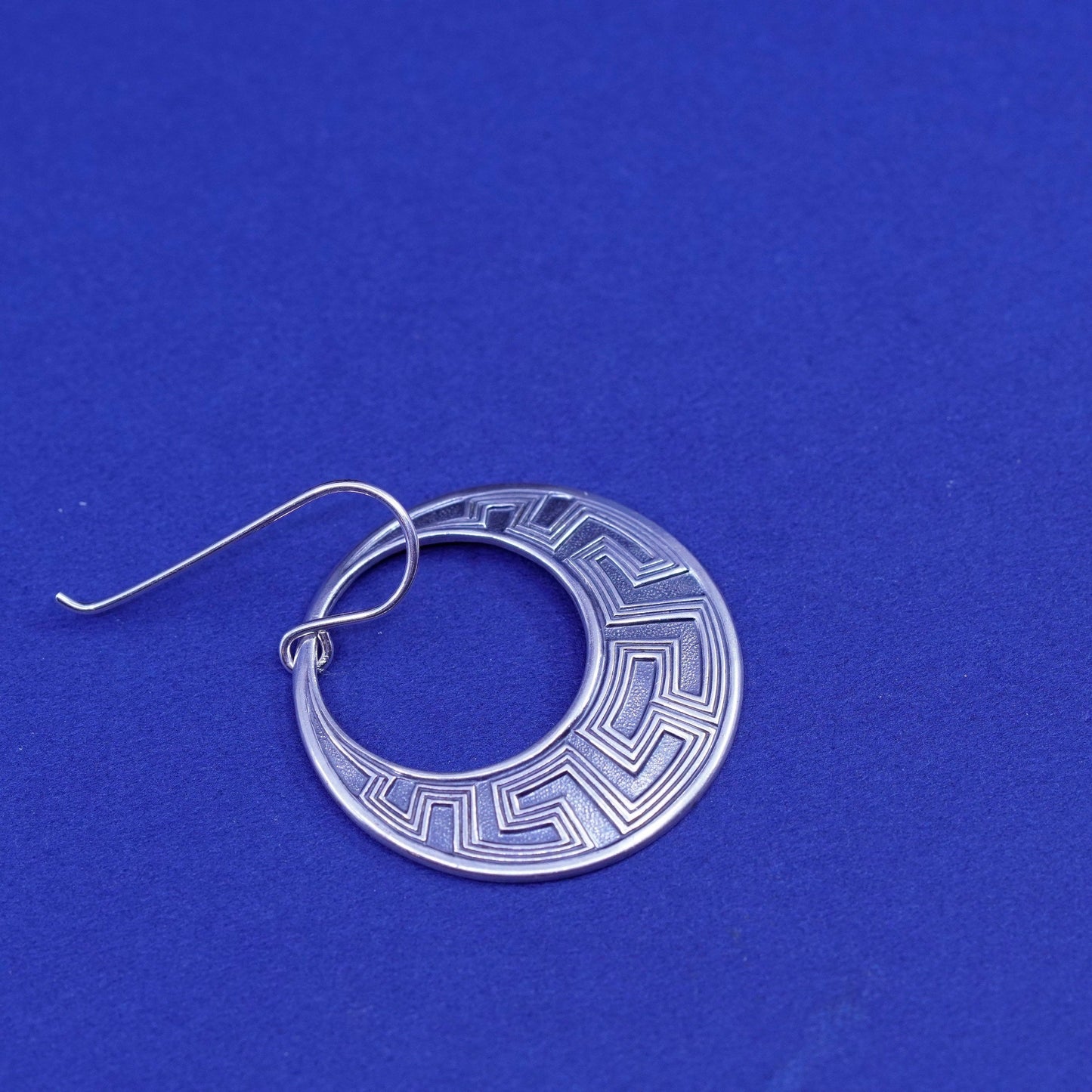 Sterling Silver handmade Earrings. 925 hammered circle dangles with Greek key