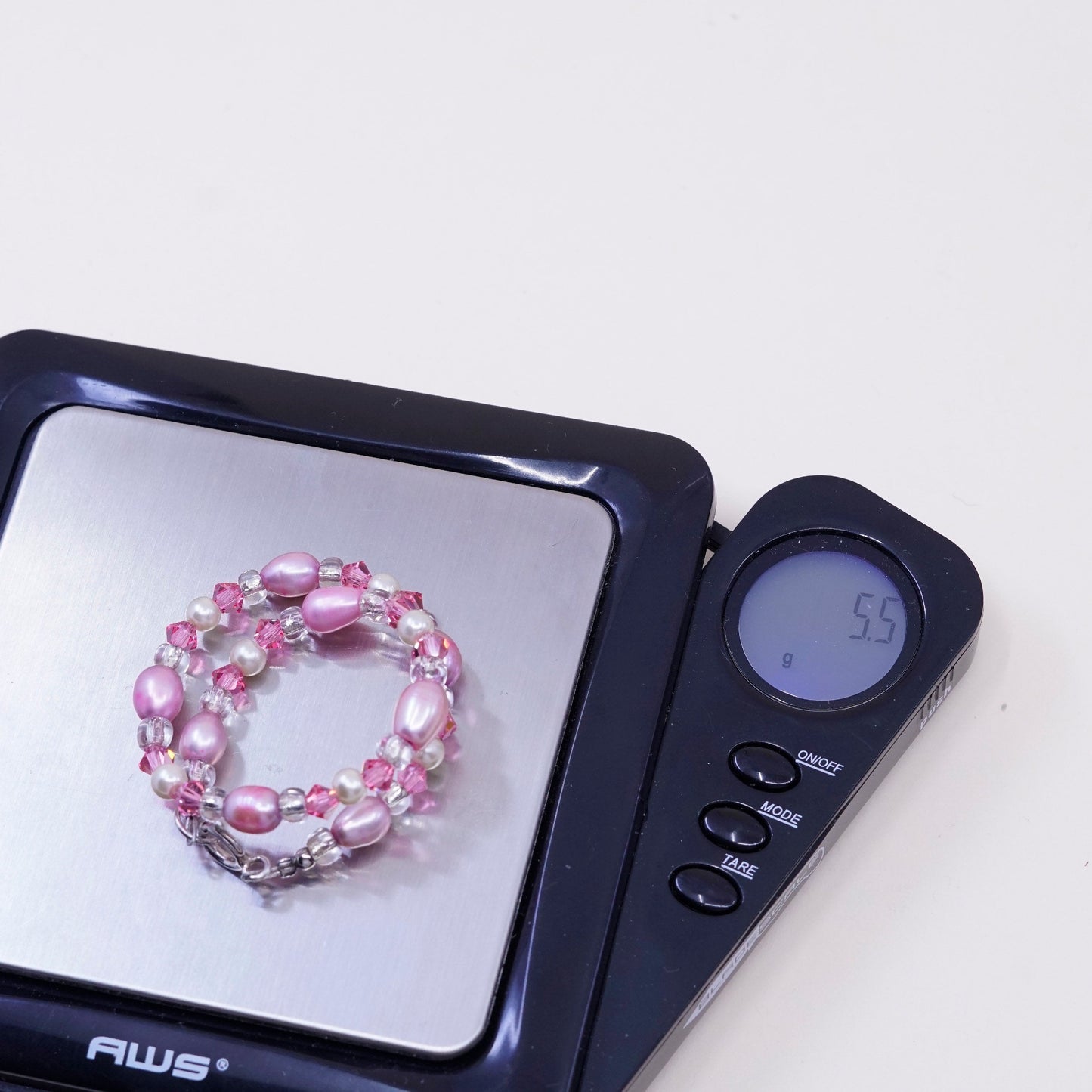 7.5”, Vintage handmade bracelet, pink pearl and crystal with 925 silver clasp