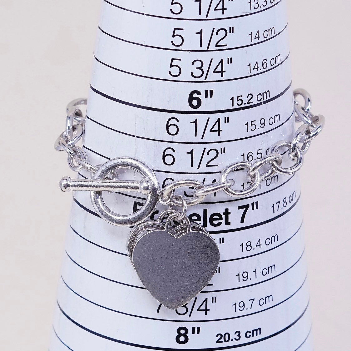 6.75", VTG sterling silver handmade circle bracelet, 925 w/ diamond heart charm