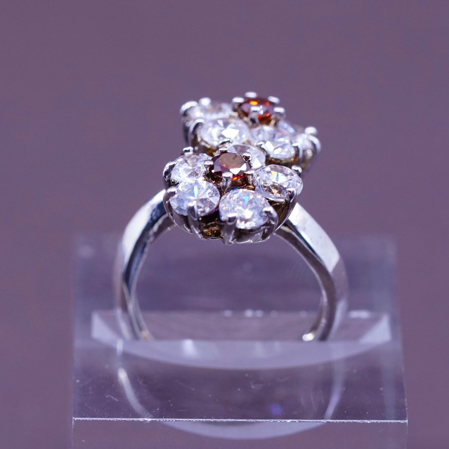 Size 6.75, vtg Sterling 925 silver handmade ring with crystal flower and ruby