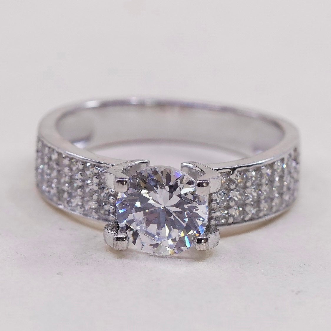 Size 7.5, Sterling 925 silver engagement ring w/ round CZ cluster
