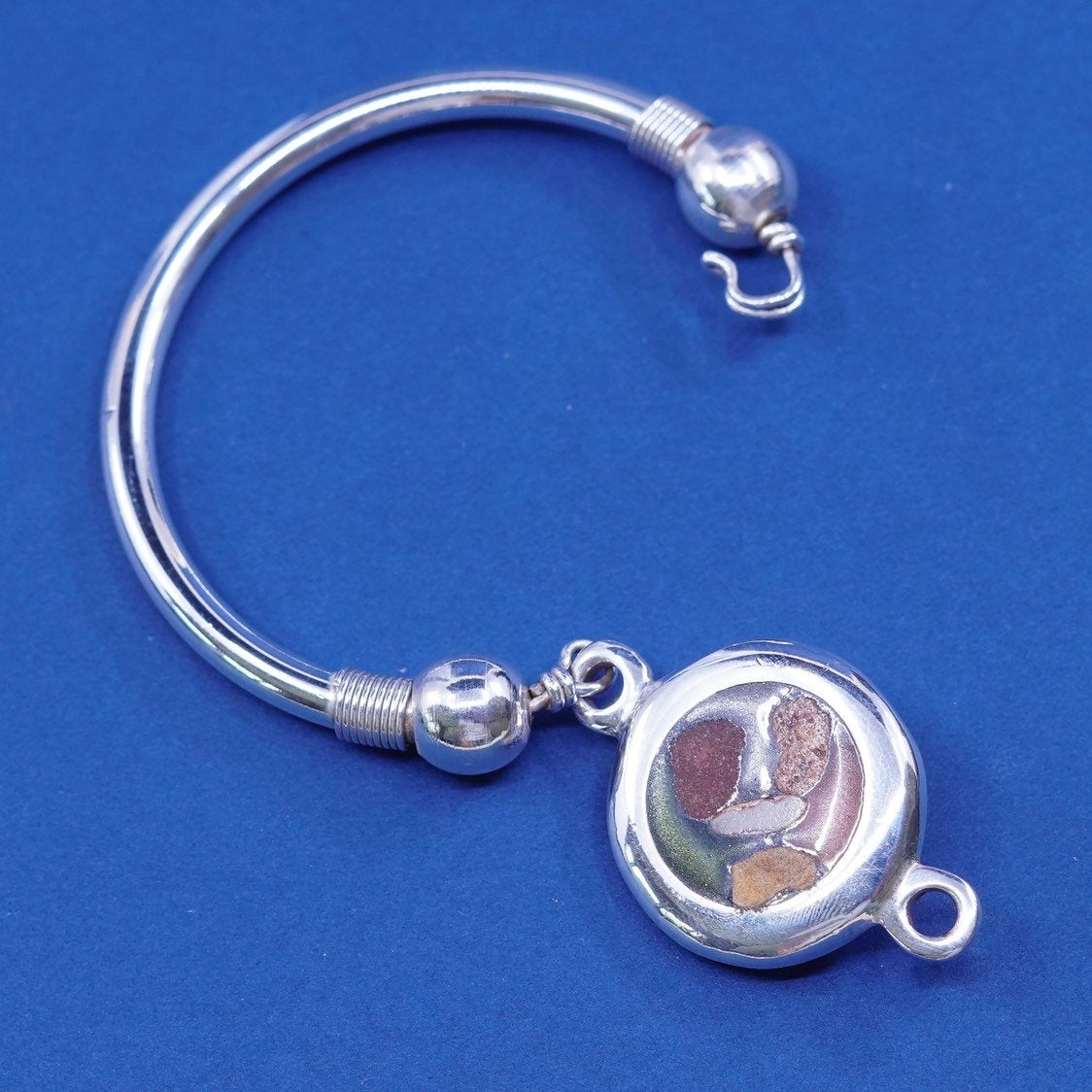 6.5", vtg Sterling silver handmade bracelet, bold 925 hinged bangle w/ resin