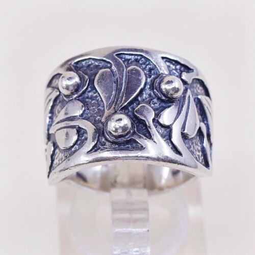Sz 7.25, Silpada 925 Sterling Silver Handmade Band Ring Embossed Leaves N Beads