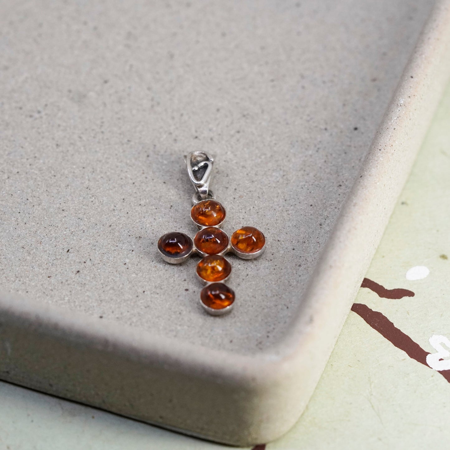 Vintage sterling 925 silver handmade cross pendant with amber