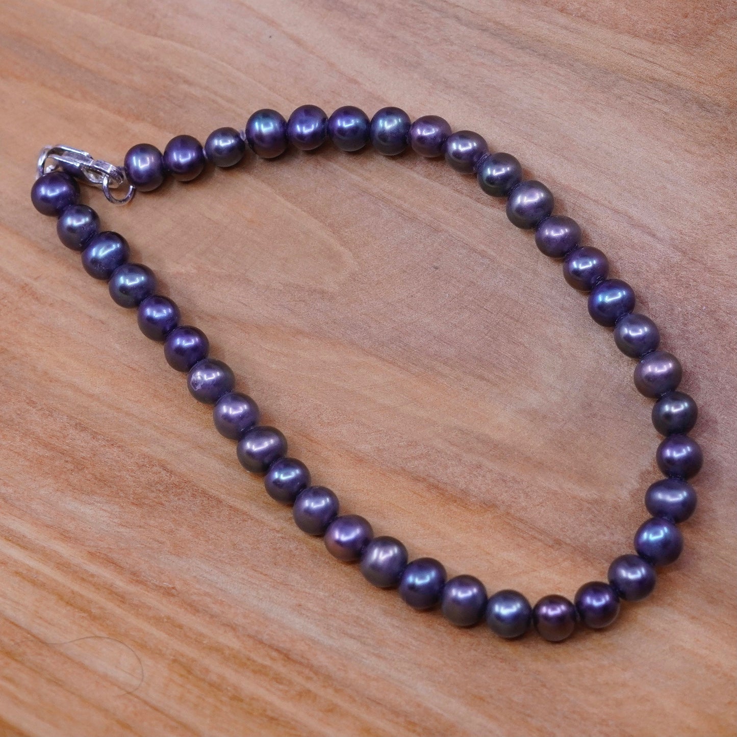 7” vtg handmade genuine black pearl beads bracelet, sterling 925 silver clasp