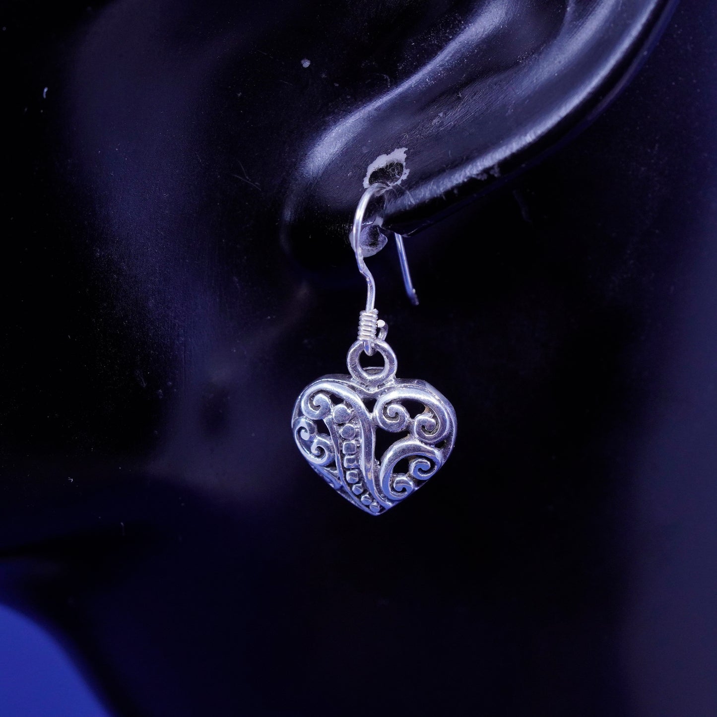 Vintage Sterling silver handmade earrings, 925 Bali filigree heart drops